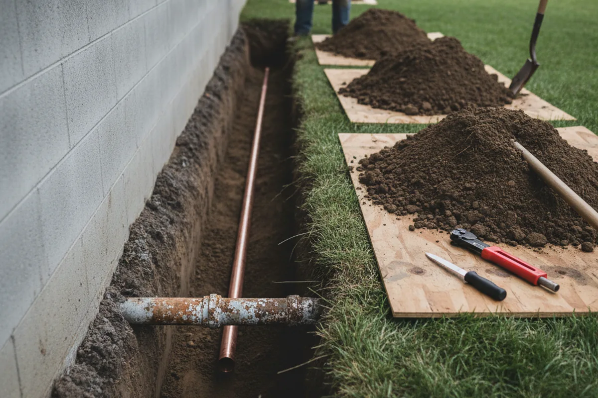 Excavated water line trench during Water Softener Installation in Jeanerette